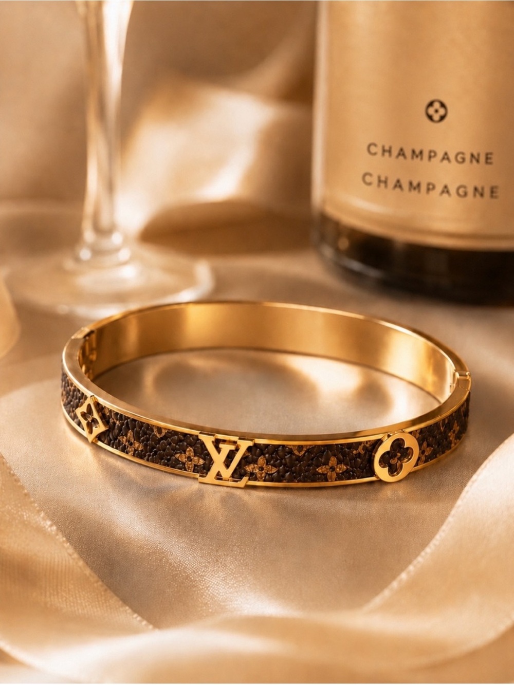 18K Gold and Brown Monogram Hinged Bangle Bracelet - Picture 3 of 8